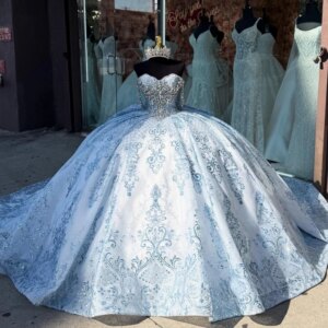 Sky Blue Shiny Quinceanera Dresses Ball Gown Off Shoulder Sequin Applique Lace Beads Tull Corset Sweet 16 Dress Vestidos 15 De