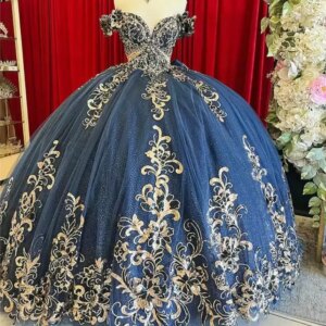 Customized Navy Blue Off The Shoulder Quinceanera Dresses Ball Gown Gold Appliques Lace Bow Sweet 15 Años Mexican