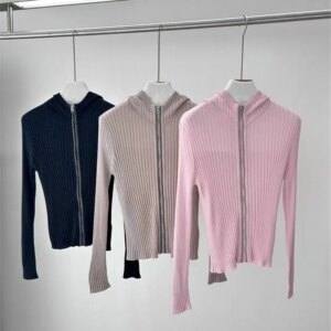 25Spring/Summer New Silk Wool Hooded Zipper Knitted Women’s Slim fit Long Sleeved Cardigan Top