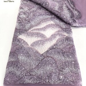 2025 France High-End Luxury Elegant Purple Handmade Beaded Lace Fabric Nigerian With Sequins Mesh Lace Fabric For Wedding Dress