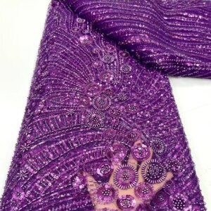 Purple nigeran lace fabric 2025 Embroidery african beads sequin lace high quality groom african party dress for 5yards