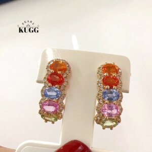 KUGG 100% 18K Yellow Gold Earrings Romantic Rainbow Design Shiny Diamond Natural Color Sapphire Gemstone Earrings for Women