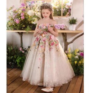 Jill Wish Luxury Floral Flower Girl Dress Handmade Flowers for Kids Princess Wedding Pageant Birthday Party Holiday Gowns J292