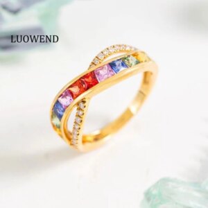 LUOWEND 100% 18K Yellow Gold Rings Shiny Diamond Natural Color Sapphire Ring for Women Elegant Rainbow Design Wedding Jewelry