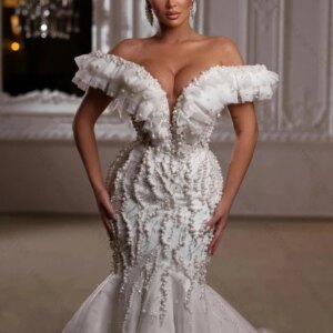 Chic Off Shoulder Mermaid Wedding Dresses Sequined Pearls Ruffle Train Bridal Gowns Illusion Custom Made Vestidos De Novia