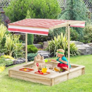 Covered Children Sand Playset Outdoor, W/ Adjustable Canopy Shade, Bottom Liner, Seat, Plastic Basin, Aged 3-8 Years Old
