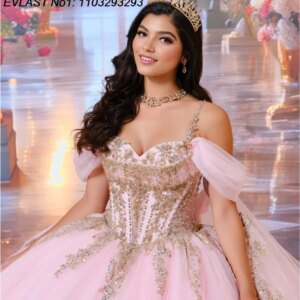EVLAST Customized Shiny Pink Ball Gown Quinceanera Dress Gold Lace Applique Beading Corset Sweet 16 Vestidos De 15 Anos E1Q810