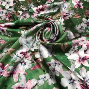 High Quality Silk Suzhou Hongcheng Fabric 40momme Thickened Satin Inkjet Green Bottom Flower