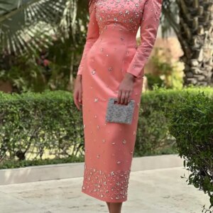 Elegant Long Sleeves Prom Dresses Sexy Square Neck Tea Length Party Dresses Beadings Crystals Formal Evening Dresses