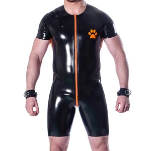 Black and Orange Sexy Latex Catsuit with Zipper Stripes Puppy Rubber Surfsuit Dog Uniform Bodysuit Zentai Overall