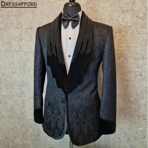 Black Jacquard Weave Men Suits Luxury Beading Evening Party Two Pieces Blazer Groom Wear ( Jacket Pants )