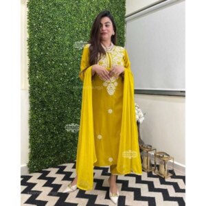Yellow Color Embroidery Work Kurta Palazzo with Dupatta Set Women Salwar Kameez