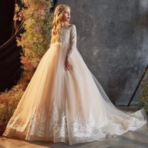 Flower Girl Dresses Champagne Tulle Puffy White Pattern Appliques Long Sleeve For Wedding Birthday Party Banquet Gown Customized