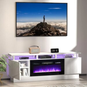Fireplace TV Stand w/ 36″ Electric Fireplace,2 Tier TV Console Stand, LED Light Entertainment Center, for TVs Up to 80″, (White)