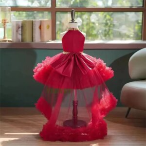 Customized Elegant White Tulle Girl Dress with Train Baby Kids Princess Birthday Wedding Party Children Holiday Ball Gown