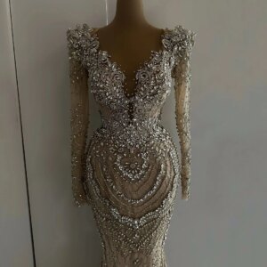 Heavy Handmade Crystals Evening Dresses Mermaid Long Sleeves Formal Occasion Dresses High Luxury Robes De Soirée Celebrity Dress