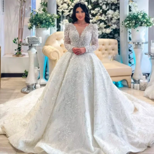 Luxury V-neck Beaded Sparkling Wedding Dress Lace Long Sleeved Princess Prom Dresses A-line Sequined Bridal Dress Customization
