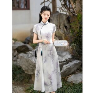 Modified Long Type Short Sleeve Robe Qi Pao Spring and Summer New Young Ladies’ National Style Daily Cheongsam Dress