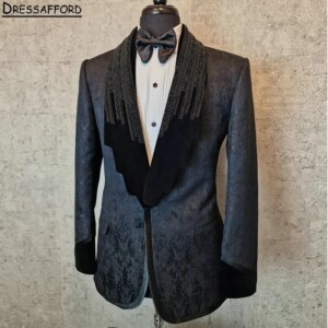 Black Jacquard Weave Men Suits Luxury Beading Evening Party Two Pieces Blazer Groom Wear ( Jacket + Pants )