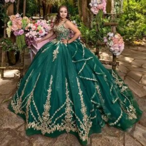 Customized Sparkly Emerald Green Quinceanera Dress Ball Gown Gold Lace Appliques Beaded Bow Sweet 16 Vestido De 15 Anos