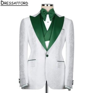 White Jacquard Formal Men Suits Green Collar Three Pieces Evening Party Blazer Groom Wear ( Jacket+Vest+Pants )