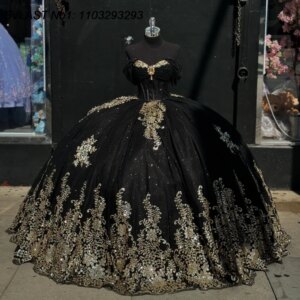 EVLAST Customized Black Ball Gown Quinceanera Dress Gold Lace Applique Diamonds Beaded Party Sweet 16 Vestidos De 15 Anos E1Q652