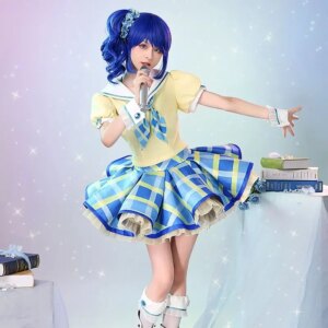 In stock Cos Kiriya Aoi Costume Anime Aikatsu Cosplay School Idol Stage Outfit Blue Plaid skirt Women uniform