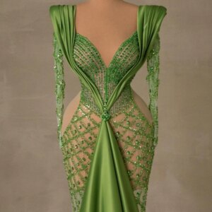 Green Fashion Embroidery Beaded Evening Dress Luxurious Cut Out Cocktail Mermaid Customized Sexy Satin Party Formal Prom Gown