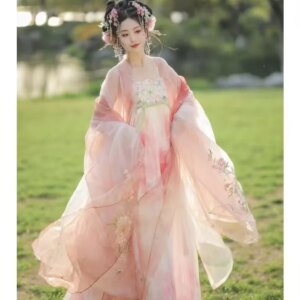 Hanfu suit, Chinese style, Tang Song style, gradient color embroidered large sleeved shirt, retro fairy costume