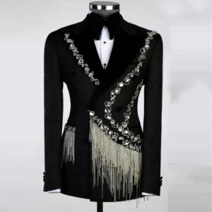 Luxury Sliver Beading Suits Men For Wedding Tailor-made Double Breasted Jacket Pants 2 Pieces Groom Wear Tuxedo Male Clothing