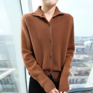 Autumn and Winter New Wool Knitted Cardigan Women’s Cashmere High Neck Knitted Dolman Sleeve Cardigan Loose Solid Color Cashmere