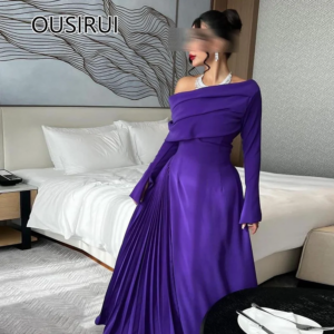 Boat Collar Satin Pleated Sheath Modest Prom Bridesmaid Dress with Long Sleeve Open Back Evening Saudi Dress Arab Customized