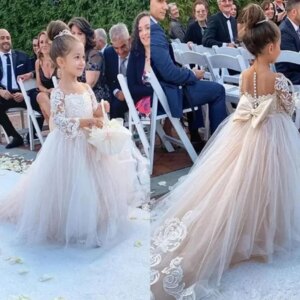 Flower Girl Dresses Princess Dress Lace Embroidery Sheer Long Sleeves Kids Trailing Gowns Flower Girl Dresses for Weddings