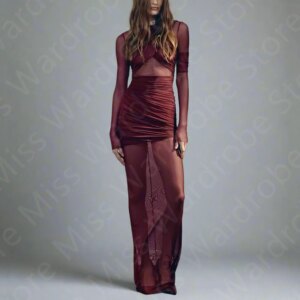 Customized Latest Sexy Evening Dresses Wine Red Prom Party Gowns Long Sleeves Wedding Guest Dresses Illusion Bottom Pleating