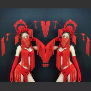 Sexy Electronic Music Festival Red Tassel Bikini Chinese Style Classical Nightclub Costume Bar Leading Dance