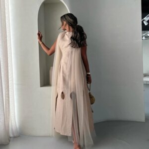 Customized Exquisite White Jersey Evening Dress Fashion Tiered Ruched High Neckline Sleeveless Backless Special Occasi