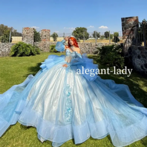 Sky Blue Princess 15 quinceañera Dress Personalised Sheath Beaded Appliquéd Cathedral Train Removable Sleeve Custom Queens Prom