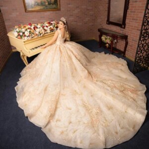 Customized Champagne Princess Off Shoulder Quinceanera Dresses Sequin Lace Applique Beading Tull Sweet 16 Ball Gown Vestidos De