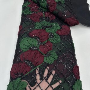 New African Fabric 2025 Burnt Beaded Lace Fabric Nigerian Green Beaded Sequins Embroidery Fabric For Wedding Dress RF