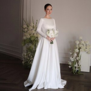 Customized Simple Satin Wedding Dresses Long Sleeves A Line Sweep Train Bridal Photoshoot Dress Classic Bridal Party Dress