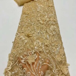 3D Flower Lace Fabric, Nigerian Fabric for Wedding Bridal Dress, Hand Beaded Embroidery, French Tulle, Sequins, 5 Yards HX