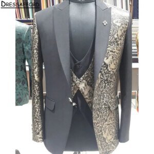 Black Formal Wedding Suits Gold Jacquard Men’s Business Suit 3 Pieces (Jacket+Vest+Pants) Man Tuxedo Groom Wear