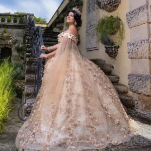Luxury Light Champagne Shiny Ball Gown Quinceanera Dresses 3D Flowers Applique Tull With Cape Bridal Gown Party Bride Dresses