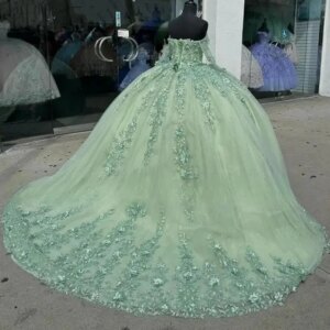 Custom Made Mexican Sage Green Princess Girl Quinceanera Dresses Long Sleeve Lace Applique Ball Gown Birthdy Party Dress Prom