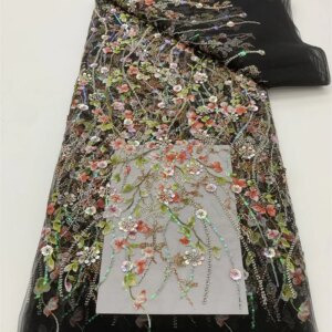 African Beaded Lace Fabric 2024 High Quality Mesh Lace Embroidered French Sequins Fabric For Sewing Evening Dress Women XB