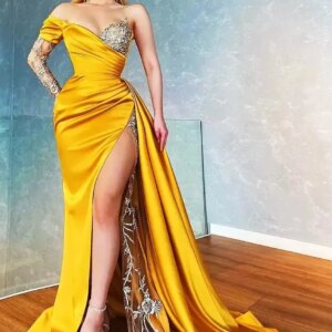 New Mermaid Prom Dress V Neck One Sleeves Evening Gowns Appliques 3D-Flower Satin Side Slit Plus Size Bridal Gowns Customized