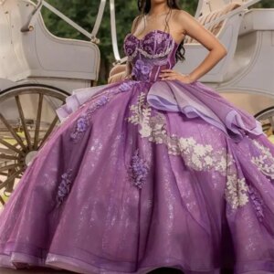 Lavender Ball Gowns Quinceanera Dresses Off The Shoulder Applique Beading Lace Flower Tull Sweet 16 Birthday Party Vestidos De