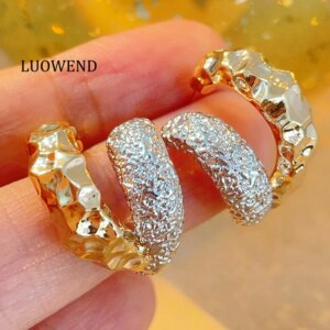 LUOWEND 100% 18K White+Yellow Gold Earrings Fashion Metal Style Exquisite Stud Earrings for Women High Party Jewelry