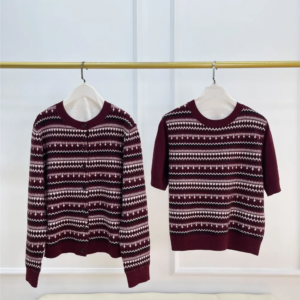 Retro Jacquard Women’s Cashmere Wool Sweater Early Spring Short Sleeve O-Neck Pullover or Single Breasted Cardigan