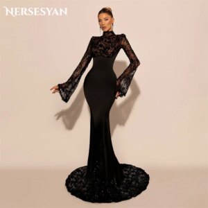Nersesyan Black Lace Mermaid Luxury Evening Dresses Appliques High Neck Formal Gowns Flare Sleeves Wedding Dress 2025 Customized
